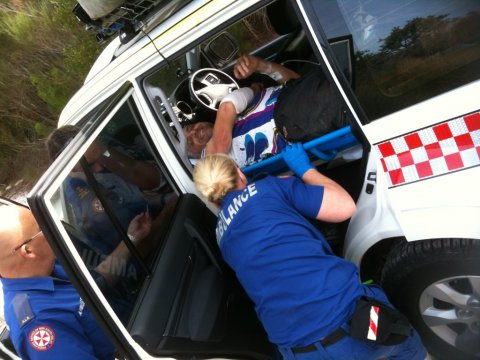 Dibbler on stretcher in 4WD ambulance - tight fit!